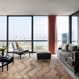 A well-lit, spacious room with sleek modern furniture, a plush area rug, large windows offering a view of the city skyline, and tastefully chosen decor items.