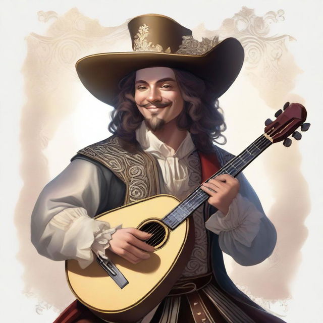 A human bard, donned in a cavalier’s hat, smiles as he feels the wind and sunlight gracing his face