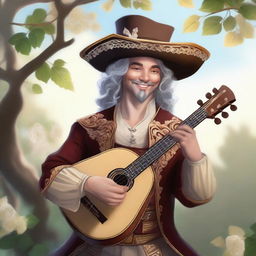 A human bard, donned in a cavalier’s hat, smiles as he feels the wind and sunlight gracing his face