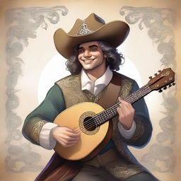 A human bard, donned in a cavalier’s hat, smiles as he feels the wind and sunlight gracing his face