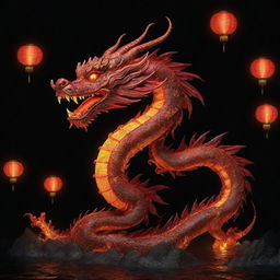 A fiery Chinese style dragon, part of the Chinese zodiac, exquisitely detailed in HD. It is nighttime, with floating lanterns illuminating the surrounding darkness.