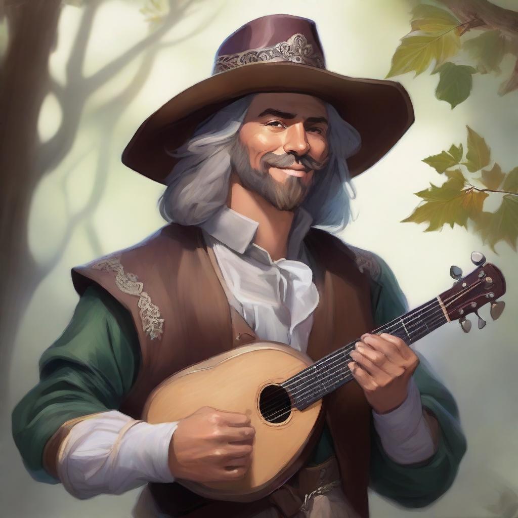 A painted Dungeons and Dragons portrait of a human bard, attired in a cavalier’s hat and simple yet elegant clothes