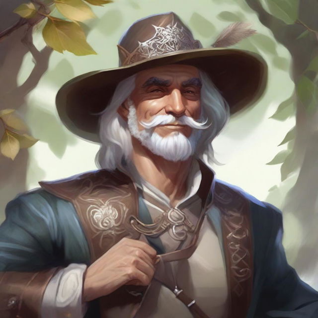 A painted Dungeons and Dragons portrait of a human bard, attired in a cavalier’s hat and simple yet elegant clothes