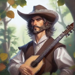 A painted Dungeons and Dragons portrait of a human bard, attired in a cavalier’s hat and simple yet elegant clothes