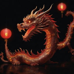 A fiery Chinese style dragon, part of the Chinese zodiac, exquisitely detailed in HD. It is nighttime, with floating lanterns illuminating the surrounding darkness.