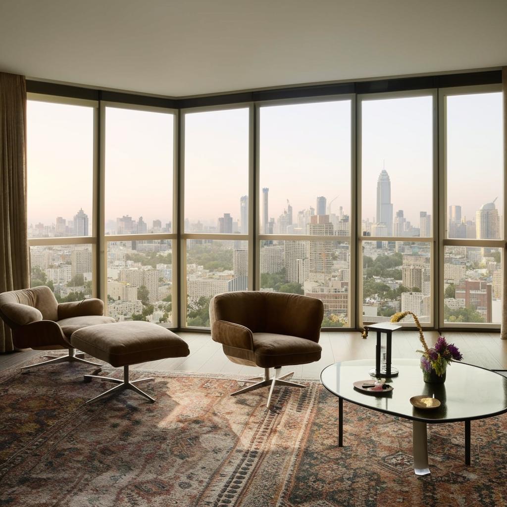 A well-lit, spacious room with sleek modern furniture, a plush area rug, large windows offering a view of the city skyline, and tastefully chosen decor items.