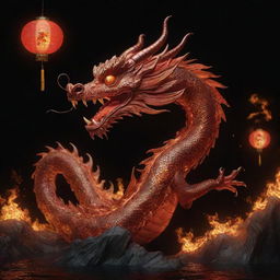 A fiery Chinese style dragon, part of the Chinese zodiac, exquisitely detailed in HD. It is nighttime, with floating lanterns illuminating the surrounding darkness.