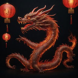 A fiery Chinese style dragon, part of the Chinese zodiac, exquisitely detailed in HD. It is nighttime, with floating lanterns illuminating the surrounding darkness.