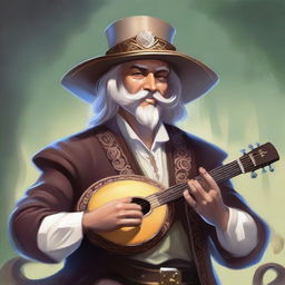 A painted Dungeons and Dragons portrait of a human bard, adorned in a cavalier’s hat and fine but simple clothes