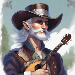 A painted Dungeons and Dragons portrait of a human bard, adorned in a cavalier’s hat and fine but simple clothes