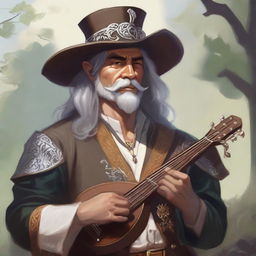 A painted Dungeons and Dragons portrait of a human bard, adorned in a cavalier’s hat and fine but simple clothes