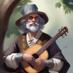 A painted Dungeons and Dragons portrait of a human bard, adorned in a cavalier’s hat and fine but simple clothes