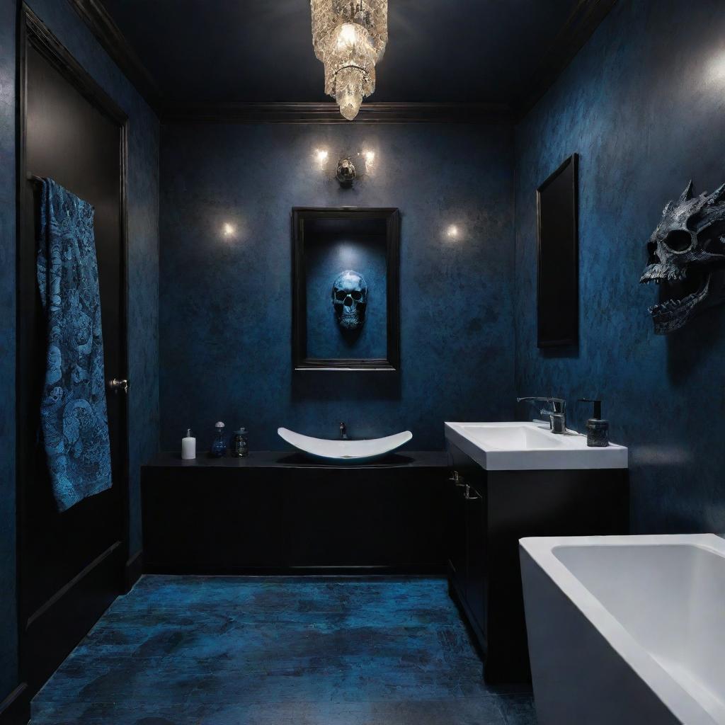 A dark themed bathroom with black and blue dragon and skull motifs that have eyes filled with malice.