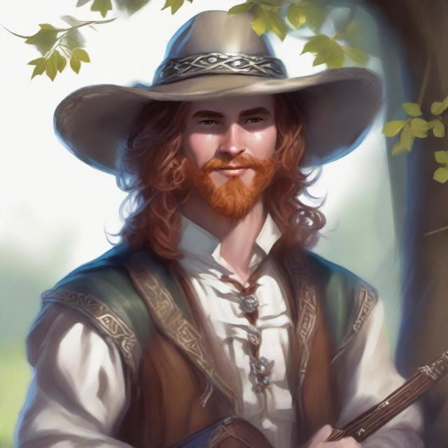 A painted Dungeons and Dragons portrait of a sandy-haired human bard, dressed in a cavalier’s hat and fine but simple clothes