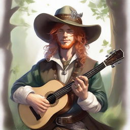 A painted Dungeons and Dragons portrait of a sandy-haired human bard, dressed in a cavalier’s hat and fine but simple clothes