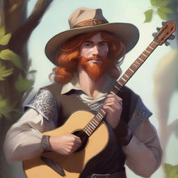 A painted Dungeons and Dragons portrait of a sandy-haired human bard, dressed in a cavalier’s hat and fine but simple clothes