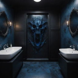 A dark themed bathroom with black and blue dragon and skull motifs that have eyes filled with malice.