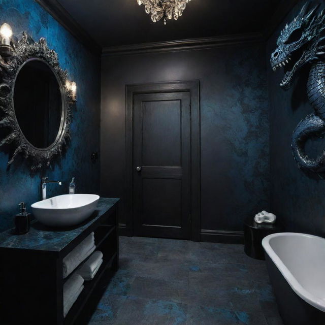 A dark themed bathroom with black and blue dragon and skull motifs that have eyes filled with malice.