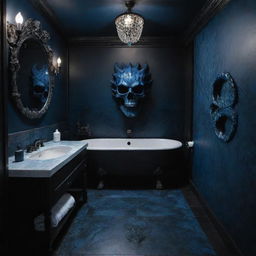 A dark themed bathroom with black and blue dragon and skull motifs that have eyes filled with malice.