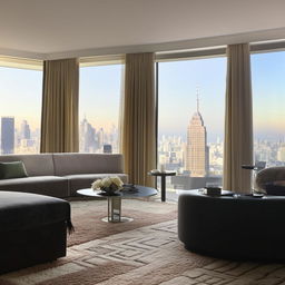 A well-lit, spacious room with sleek modern furniture, a plush area rug, large windows offering a view of the city skyline, and tastefully chosen decor items.