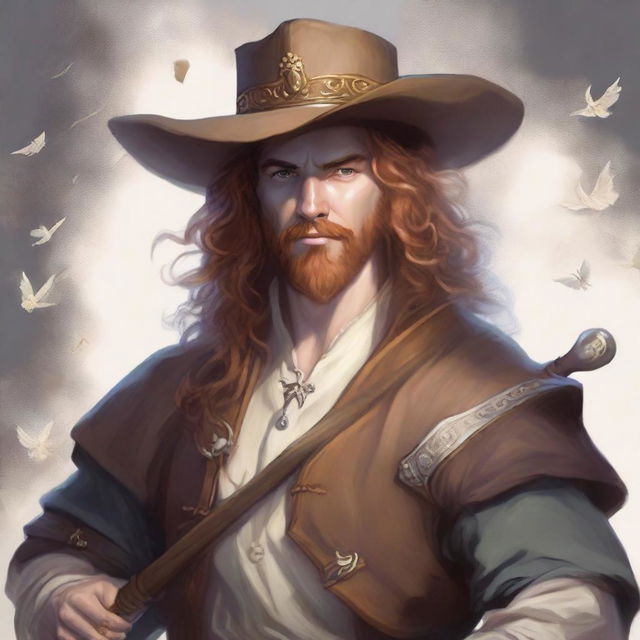 A painted Dungeons and Dragons portrait of a sandy-haired human bard, dressed in a cavalier’s hat and fine but simple clothes