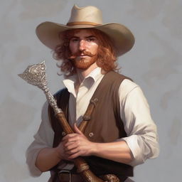 A painted Dungeons and Dragons portrait of a sandy-haired human bard, dressed in a cavalier’s hat and fine but simple clothes