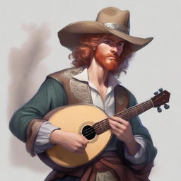 A painted Dungeons and Dragons portrait of a sandy-haired human bard, dressed in a cavalier’s hat and fine but simple clothes