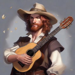 A painted Dungeons and Dragons portrait of a sandy-haired human bard, dressed in a cavalier’s hat and fine but simple clothes