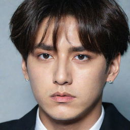 Jungkook from BTS with a serious and mysterious look on his face