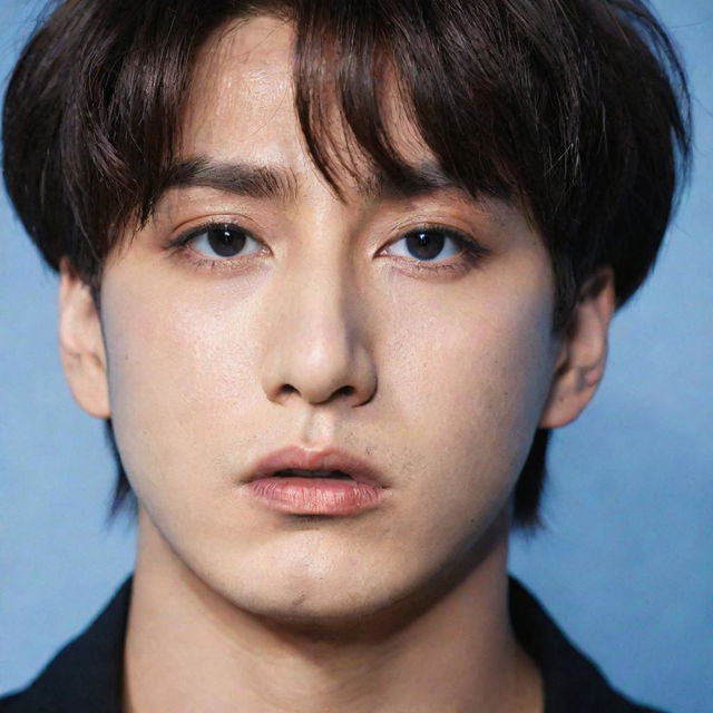 Jungkook from BTS with a serious and mysterious look on his face