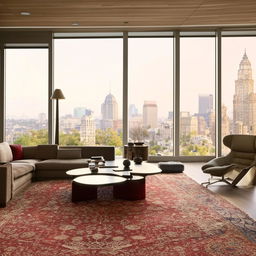 A well-lit, spacious room with sleek modern furniture, a plush area rug, large windows offering a view of the city skyline, and tastefully chosen decor items.