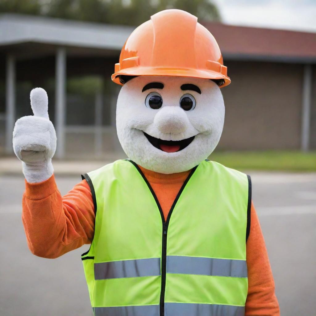 A friendly and approachable mascot representing safety, wearing a helmet and high visibility vest, giving a thumbs-up.