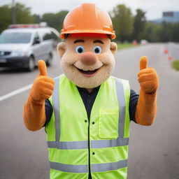 A friendly and approachable mascot representing safety, wearing a helmet and high visibility vest, giving a thumbs-up.