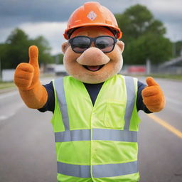 A friendly and approachable mascot representing safety, wearing a helmet and high visibility vest, giving a thumbs-up.