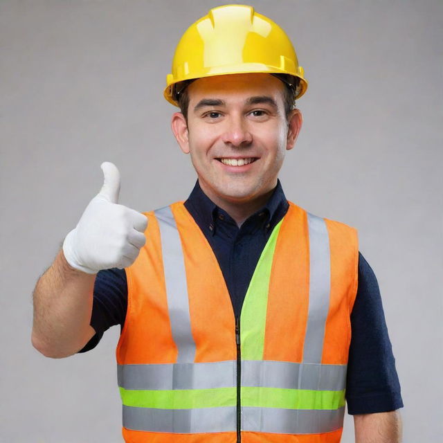 A friendly and approachable mascot representing safety, wearing a helmet and high visibility vest, giving a thumbs-up.