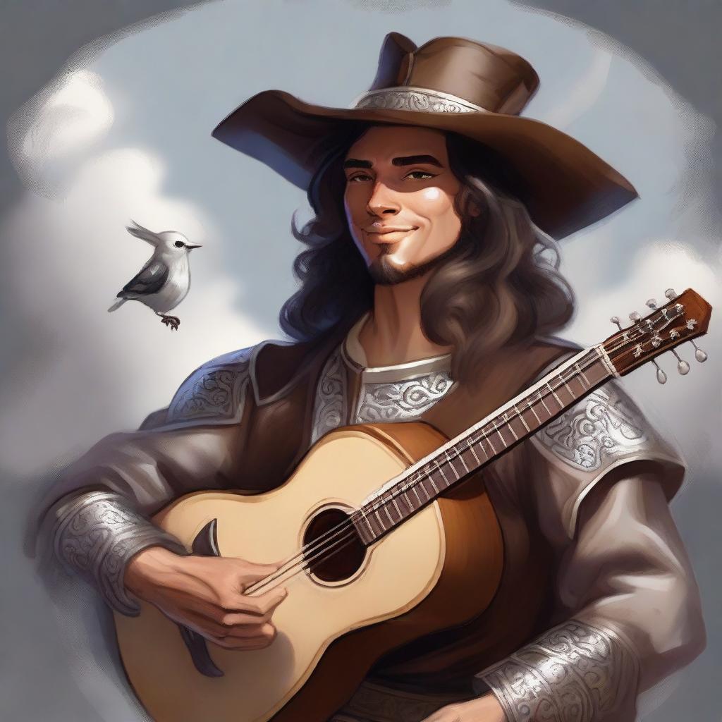 A painted Dungeons and Dragons portrait of a human bard, dressed in a cavalier’s hat and fine but simple clothes