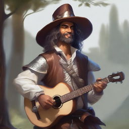 A painted Dungeons and Dragons portrait of a human bard, dressed in a cavalier’s hat and fine but simple clothes