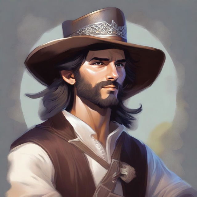 A painted Dungeons and Dragons portrait of a human bard, dressed in a cavalier’s hat and fine but simple clothes