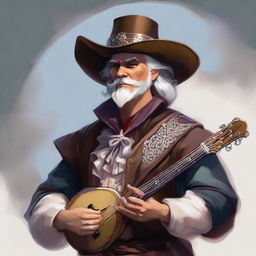 A painted Dungeons and Dragons portrait of a human bard, dressed in a cavalier’s hat and fine but simple clothes