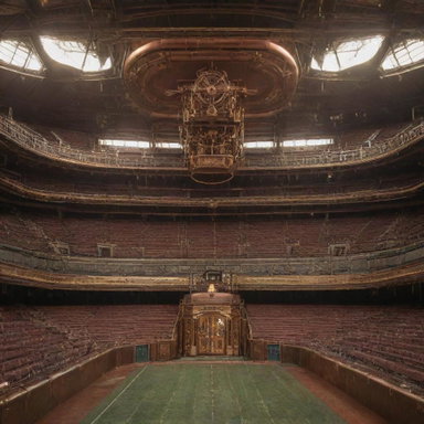 A steampunk-style football stadium, featuring copper and brass architectural elements, Victorian-era light fixtures, steam-powered scoreboards, and cog-and-gear detailing