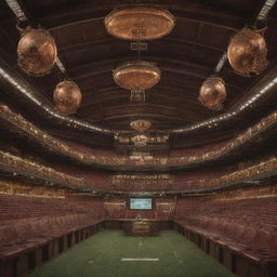 A steampunk-style football stadium, featuring copper and brass architectural elements, Victorian-era light fixtures, steam-powered scoreboards, and cog-and-gear detailing