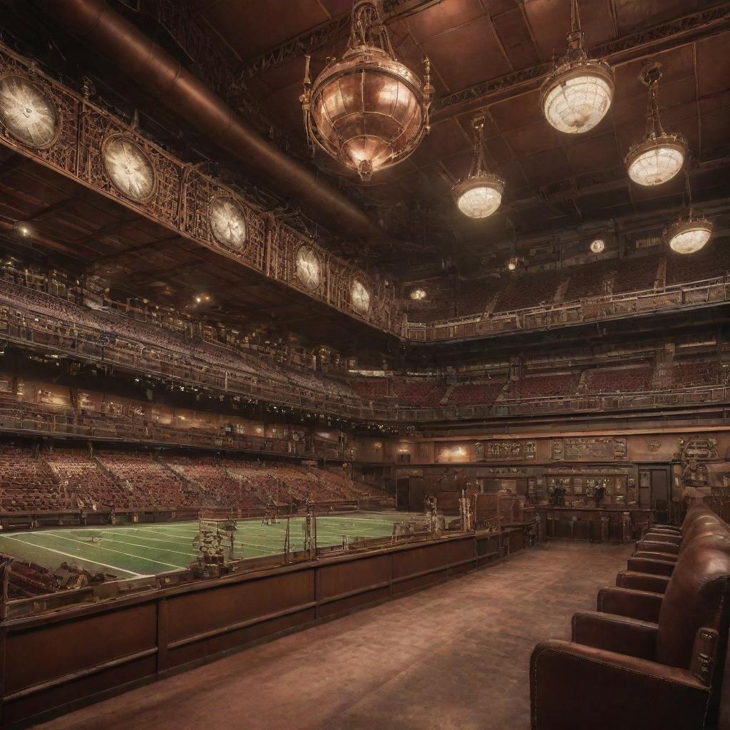 A steampunk-style football stadium, featuring copper and brass architectural elements, Victorian-era light fixtures, steam-powered scoreboards, and cog-and-gear detailing