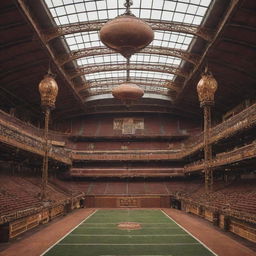 A steampunk-style football stadium, featuring copper and brass architectural elements, Victorian-era light fixtures, steam-powered scoreboards, and cog-and-gear detailing