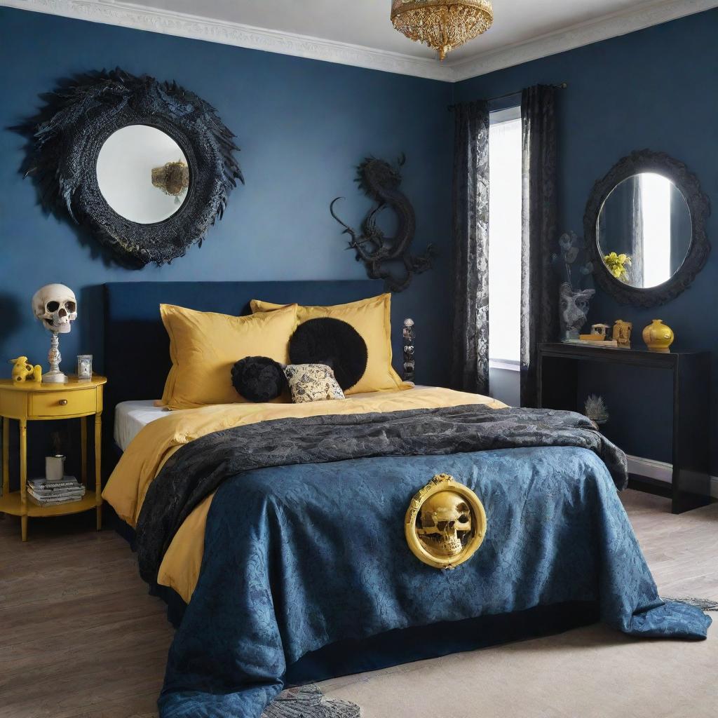 A cost-effective, medium-sized couple's bedroom in blue and yellow tones. A bed with a blue, black dragon and a large round mirror decorated with skulls.