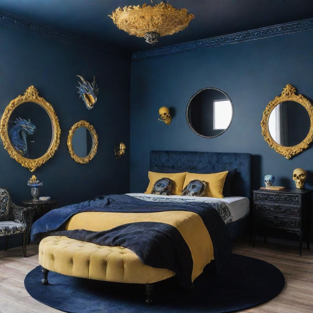 A cost-effective, medium-sized couple's bedroom in blue and yellow tones. A bed with a blue, black dragon and a large round mirror decorated with skulls.