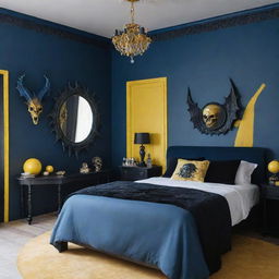 A cost-effective, medium-sized couple's bedroom in blue and yellow tones. A bed with a blue, black dragon and a large round mirror decorated with skulls.