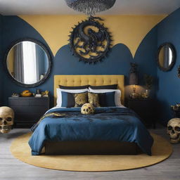 A cost-effective, medium-sized couple's bedroom in blue and yellow tones. A bed with a blue, black dragon and a large round mirror decorated with skulls.