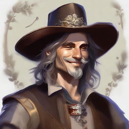 A painted DnD portrait of a human bard, dressed in a cavalier’s hat and fine but simple clothes