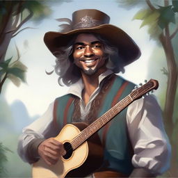 A painted DnD portrait of a human bard, dressed in a cavalier’s hat and fine but simple clothes