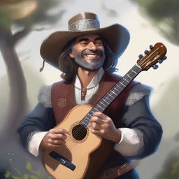 A painted DnD portrait of a human bard, dressed in a cavalier’s hat and fine but simple clothes